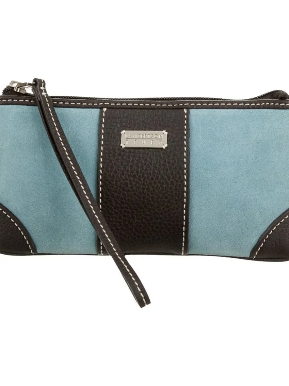 ❤️LAMBERTSON TRUEX BLOOMINGDALES Blue Suede / Brown Leather Clutch Wristlet Bag